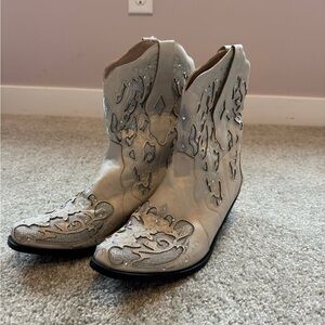 Embellished Ivory Western Ankle Boots for Women